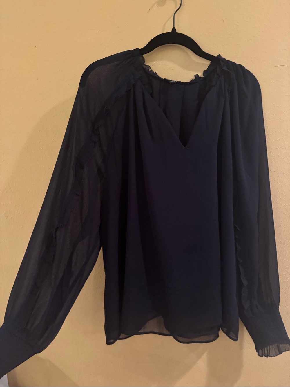 Long Sleeve Navy Blue Ruffle Sheer Sleeve Top